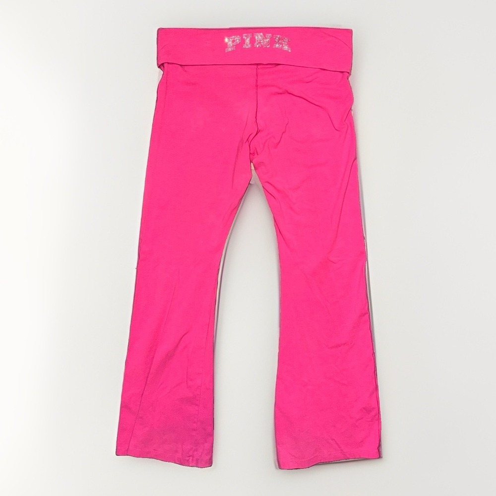 Pink Victoria's Secret Rhinestone Logo Foldover Flare Yoga Pants Hot Pink XL Y2K